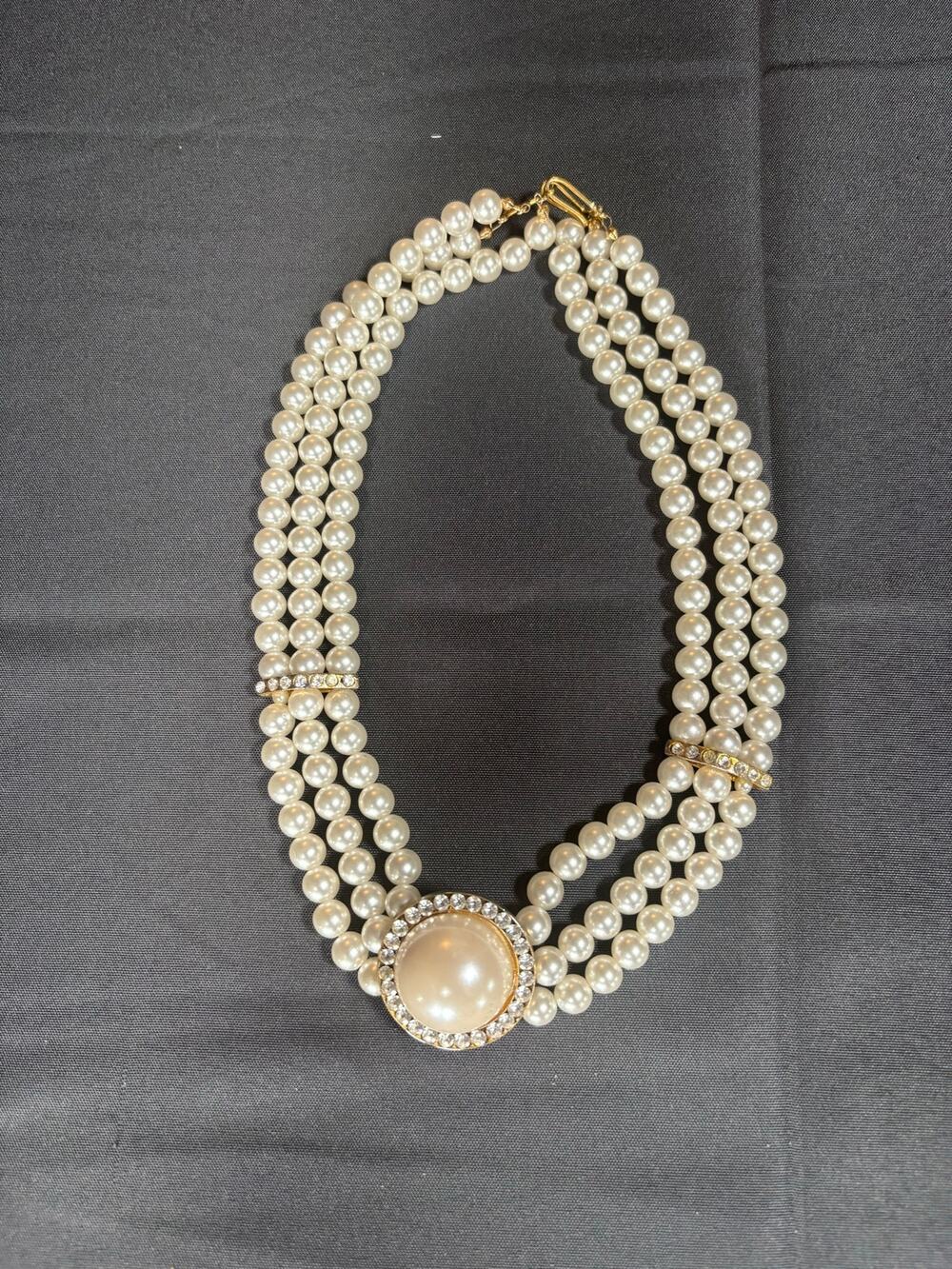 Vintage Style 3 Strand Faux Pearl Necklace Rhinestone Statement Gold Tone